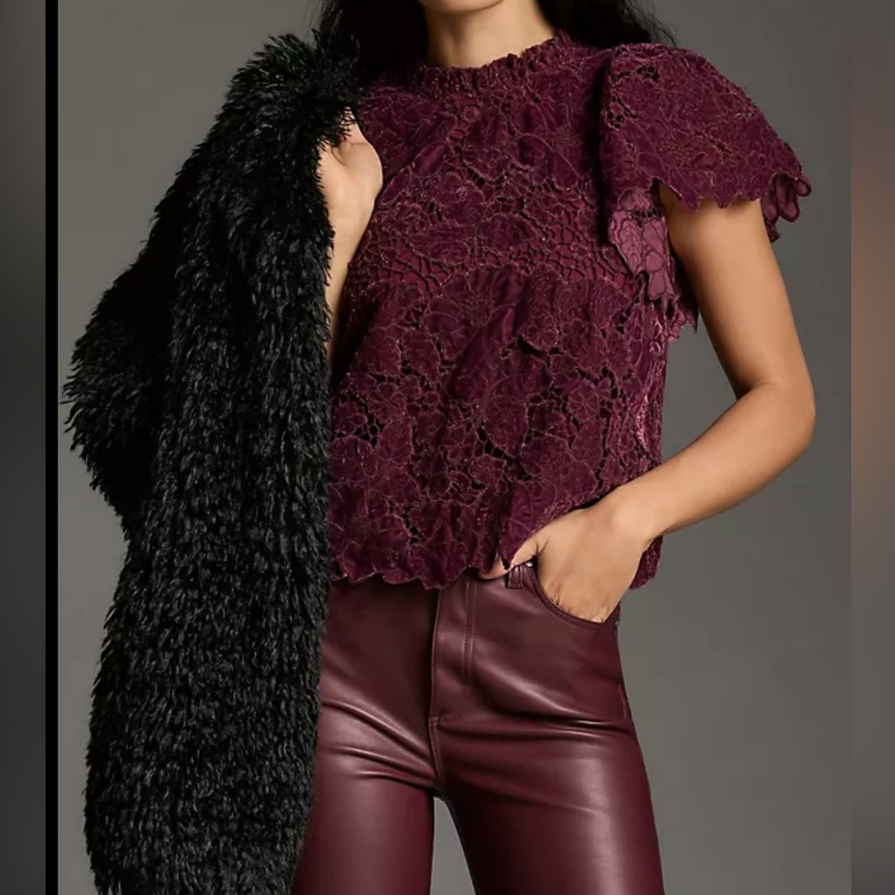 Anthropologie Ruffle Sleeve Velvet Blouse Size Large